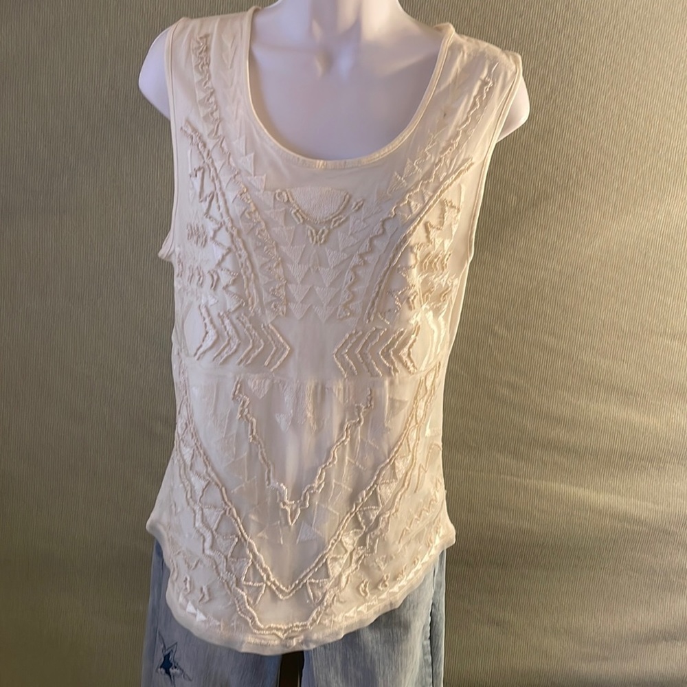 Forever 21 ecru color sheer layered bids embroidery front tank top size M